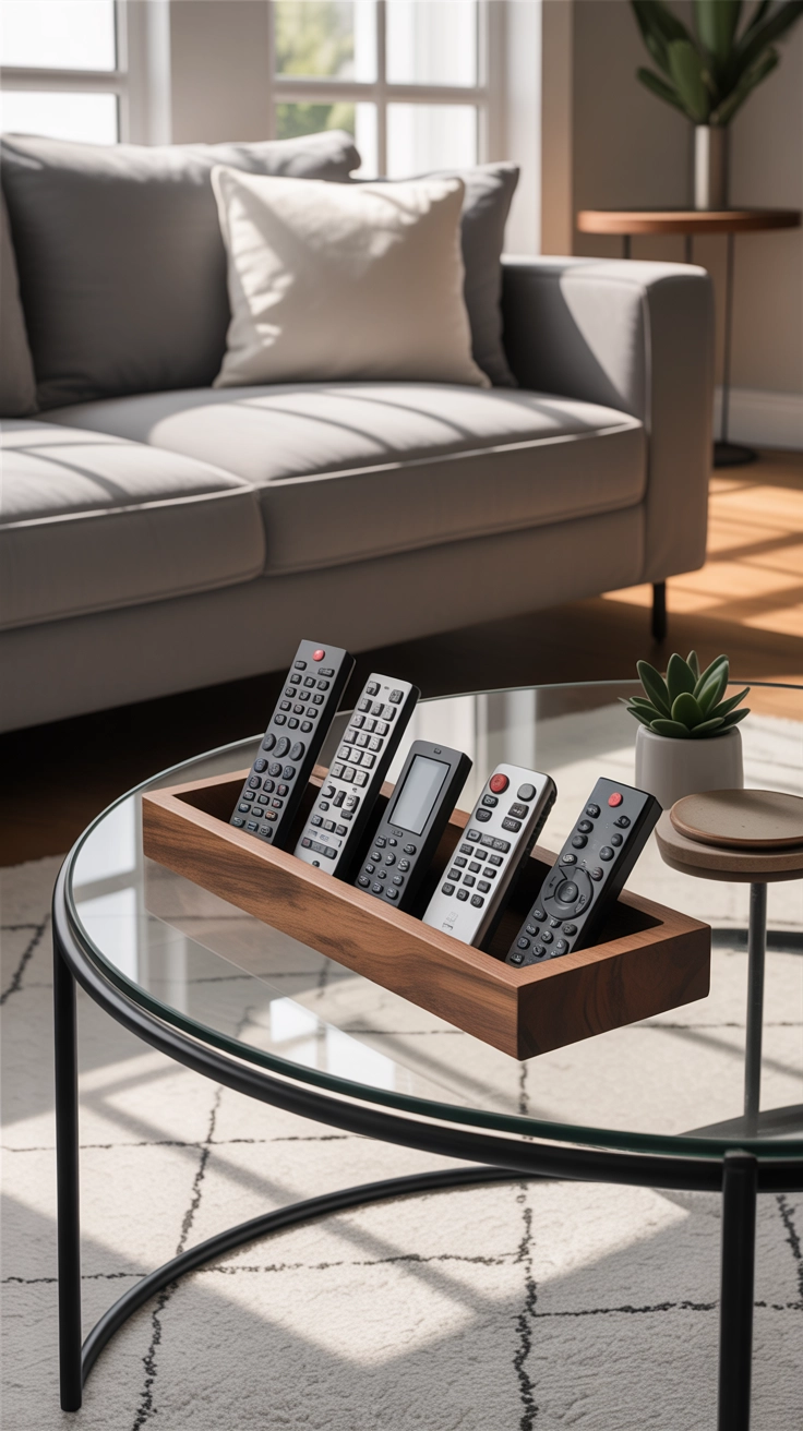 "High quality blog illustration, horizontal 16:9 composition showing everyday items like remotes placed neatly in a stylish holder on a coffee table, modern interior, soft lighting, minimal clutter, no text, high resolution"