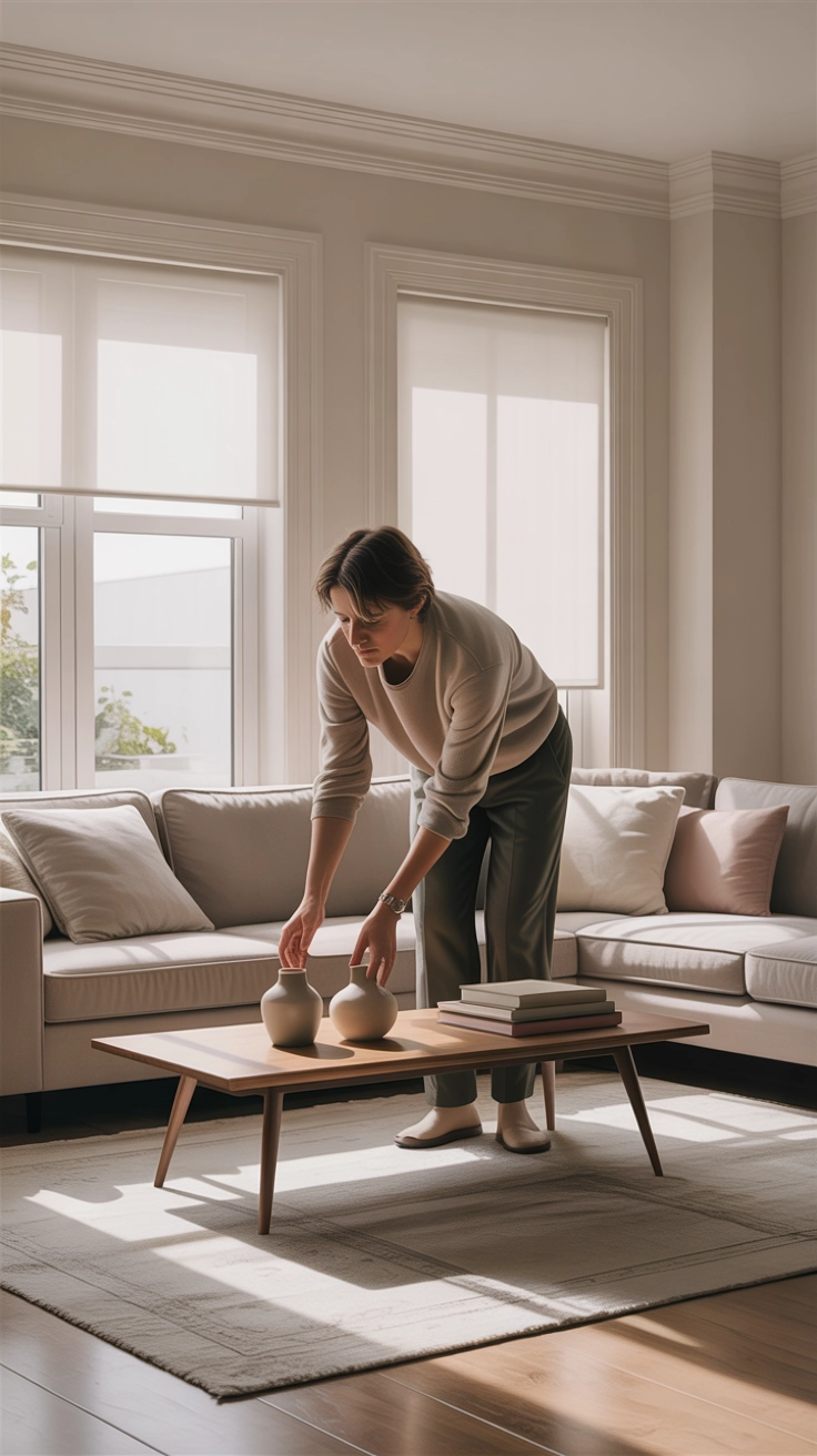 "High quality blog illustration, horizontal 16:9 composition showing a person adjusting coffee table decor and stepping back to observe, modern living room, soft lighting, natural tones, realistic style, no text, high resolution"