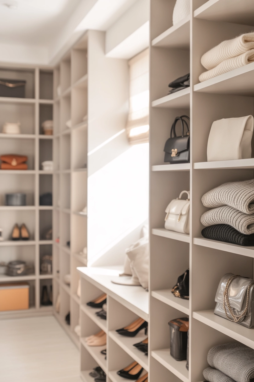 "High quality blog illustration, horizontal 16:9 composition showing a walk-in closet with open shelving neatly arranged with folded clothes, bags, and shoes, modern clean style, natural soft lighting, balanced composition, bright neutral color palette, professional editorial look, minimal background clutter, depth of field, visually engaging, realistic lifestyle photography style, no text, high resolution"