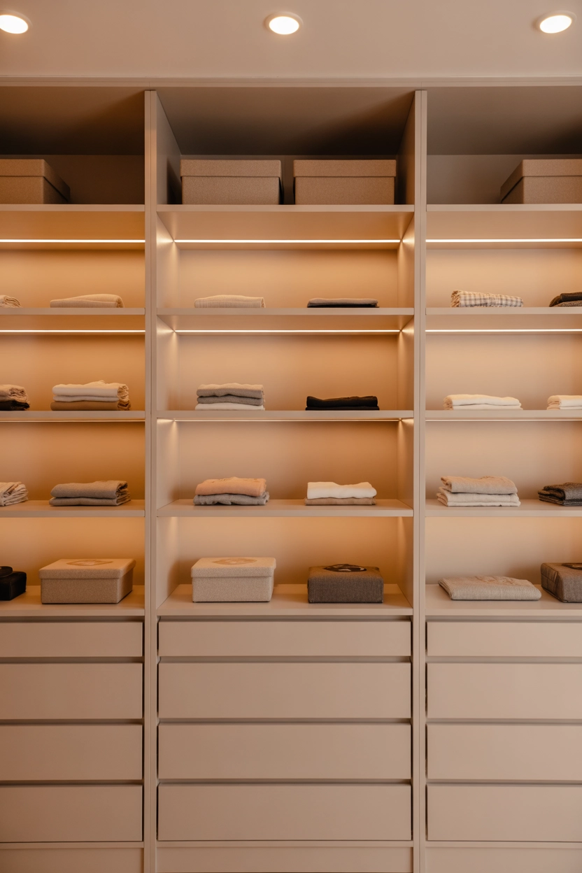 "High quality blog illustration, horizontal 16:9 composition showing a walk-in closet with warm LED strip lighting under shelves and soft ceiling lights, modern clean style, natural soft lighting glow, balanced composition, warm neutral color palette, minimal clutter, realistic lifestyle photography style, no text, high resolution"