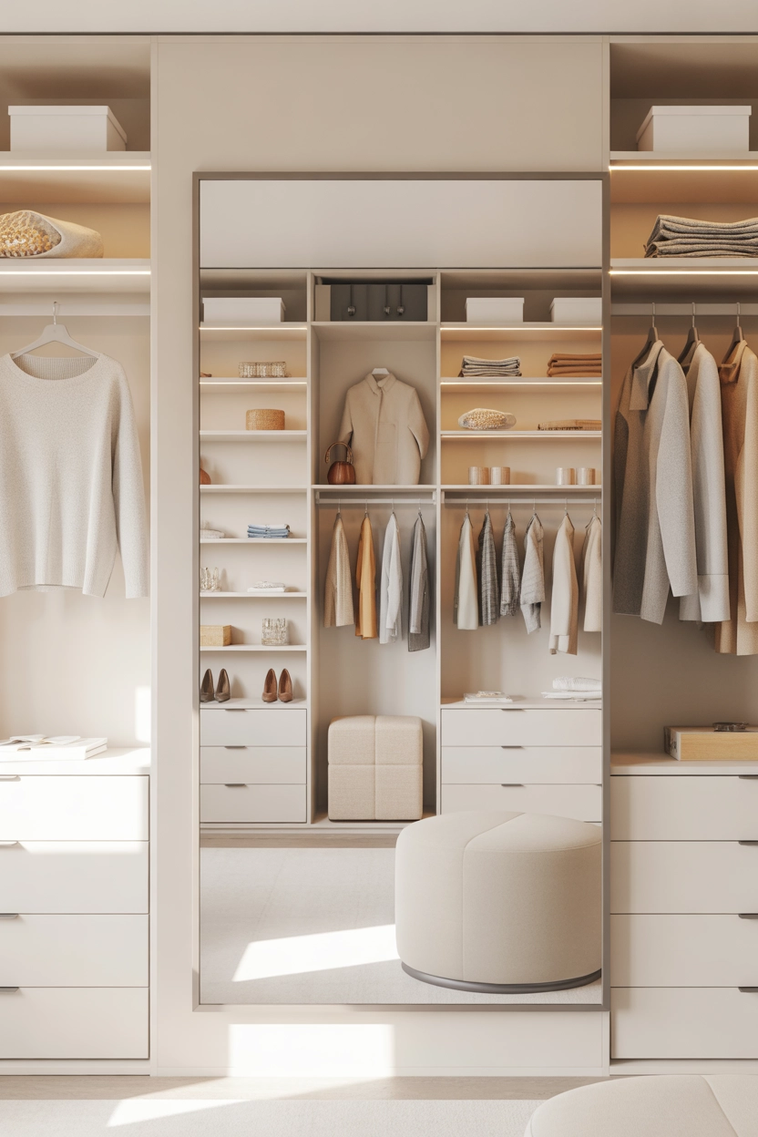 "High quality blog illustration, horizontal 16:9 composition showing a walk-in closet with a large full-length mirror reflecting organized shelves and hanging clothes, modern clean style, natural soft lighting, balanced composition, bright neutral tones, minimal clutter, realistic photography style, no text, high resolution"