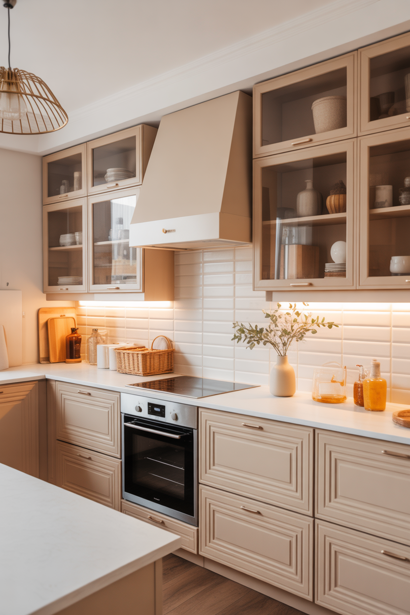 "Pinterest-style aesthetic image showing a kitchen with soft neutral color palette, beige cabinets, white countertops, warm lighting, modern cozy interior design, aesthetic lifestyle photography, ultra detailed, vertical format"