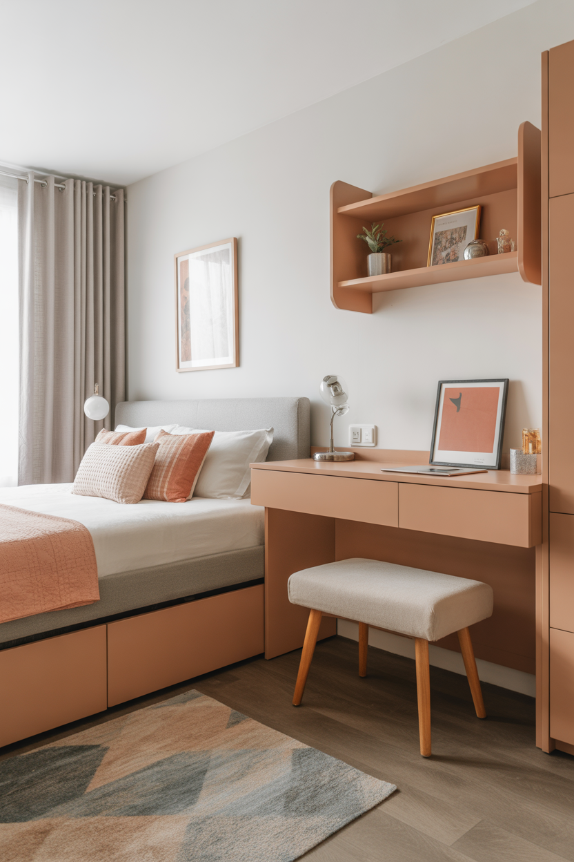 "Pinterest-style aesthetic image showing a small bedroom with a storage bed, compact desk, and stylish bench with hidden storage, modern minimalist décor, bright colors, cozy lifestyle photography, vertical format"