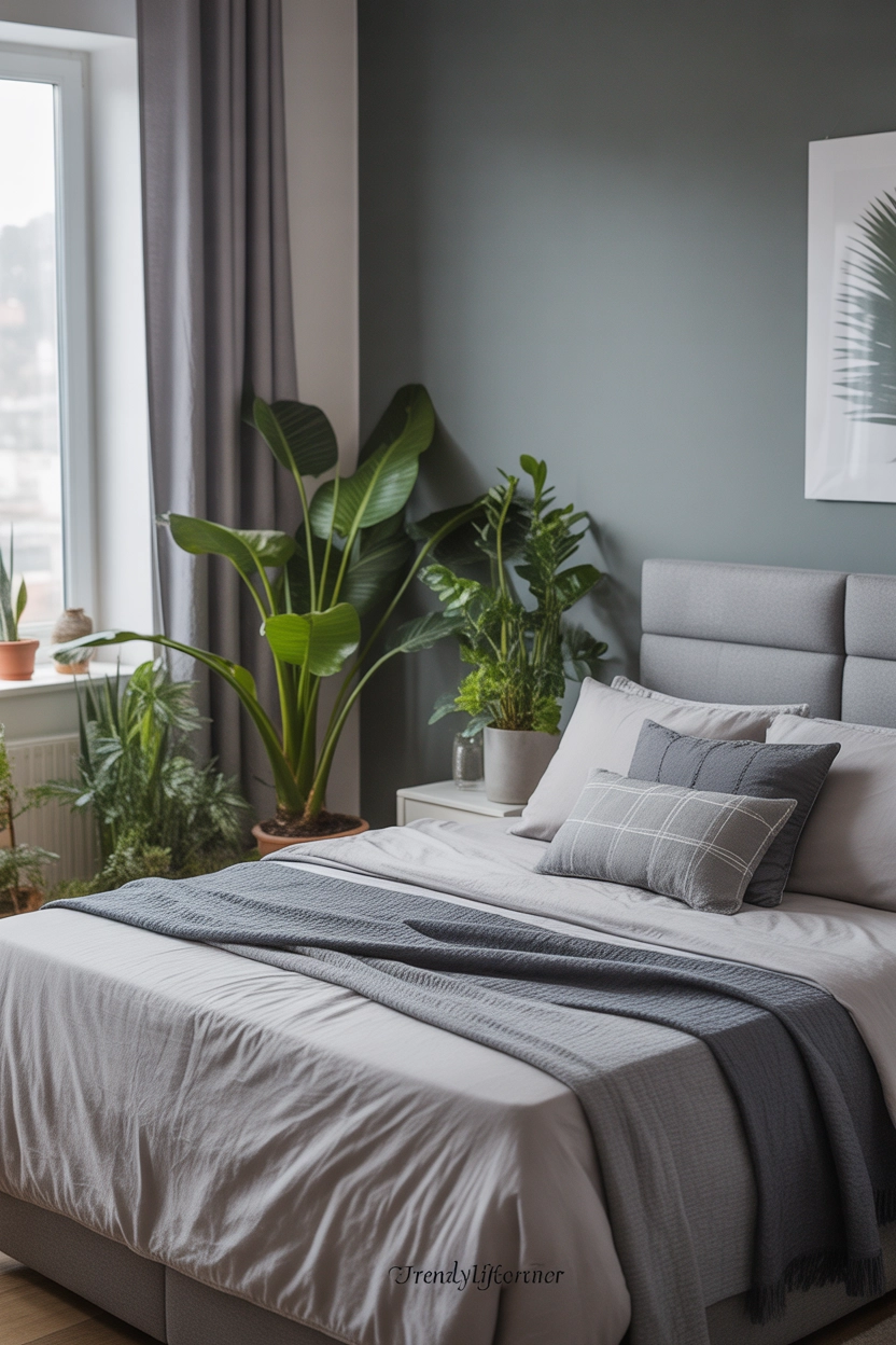 "High quality blog-friendly image, 2:3 aspect ratio showing grey bedroom with indoor plants near window and bedside, modern natural style, soft natural lighting, fresh and lively mood, grey and green color palette, balanced composition, eye-level angle, realistic, include small subtle watermark 'TrendyLifeCorner'"