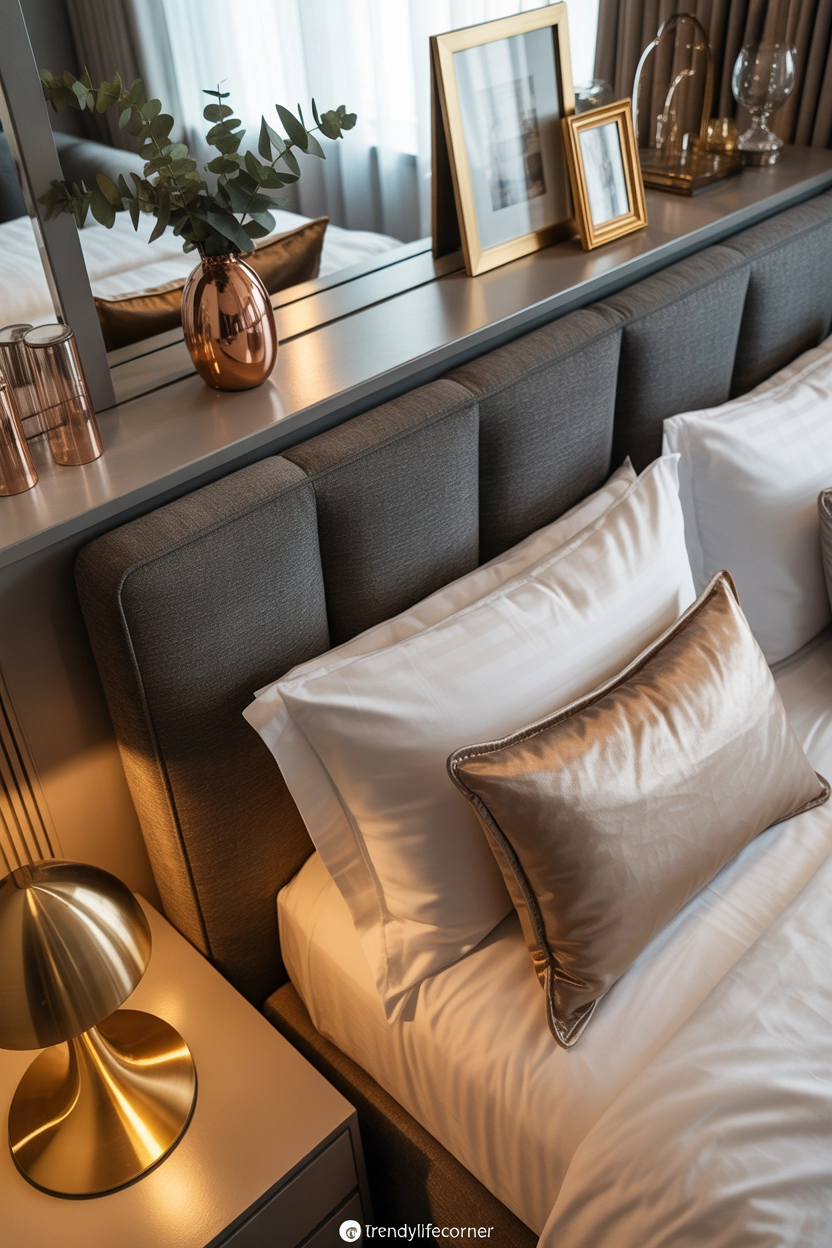 "High quality blog-friendly image, 2:3 aspect ratio showing grey bedroom with gold and metallic decor accents, modern luxury style, soft warm lighting, elegant and premium mood, grey with gold tones, balanced composition, slight top angle, realistic, include small subtle watermark 'TrendyLifeCorner'"
