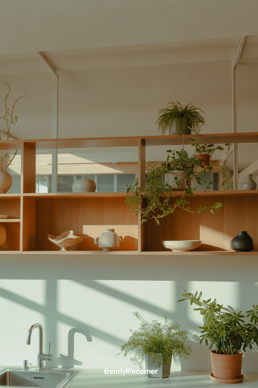 "2:3 aspect ratio, organic modern kitchen with wooden open shelves, minimal decor like ceramics and plants, soft natural lighting, airy and clean mood, modern realistic style, balanced composition, eye-level angle, watermark 'TrendyLifeCorner'"