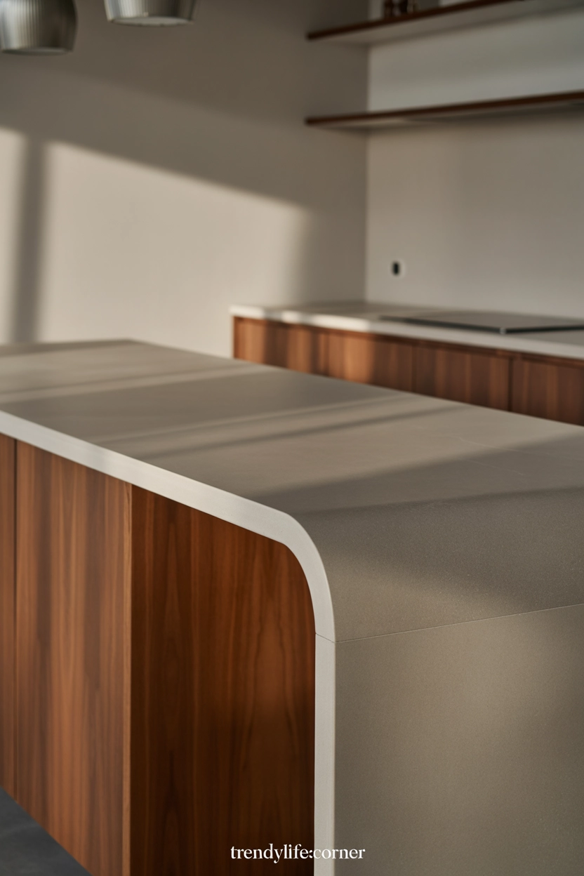 "2:3 aspect ratio, organic modern kitchen island with clean lines, wood and stone combination, soft lighting, minimal style, balanced composition, watermark 'TrendyLifeCorner'"