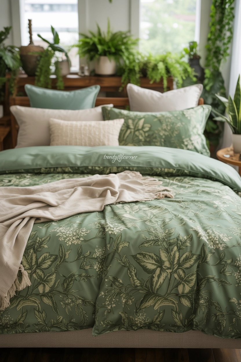 Green Floral Bedding for a Fresh Nature-Inspired Bedroom