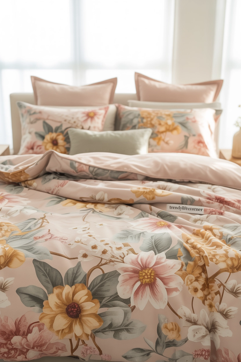 2:3 aspect ratio, cozy stylish bedroom featuring the complete full bed fully visible, seasonal floral bedding setup with soft spring and autumn-inspired floral patterns, neatly layered pillows and blanket, bright natural daylight, welcoming cozy mood, soft pink, green, beige and floral seasonal tones, modern realistic bedroom styling, wide-angle composition focused on entire bedding setup clearly, subtle watermark &ldquo;TrendyLifeCorner&rdquo;, no cropped bed, no text overlay2:3 aspect ratio, cozy stylish bedroom featuring the complete full bed fully visible, seasonal floral bedding setup with soft spring and autumn-inspired floral patterns, neatly layered pillows and blanket, bright natural daylight, welcoming cozy mood, soft pink, green, beige and floral seasonal tones, modern realistic bedroom styling, wide-angle composition focused on entire bedding setup clearly, subtle watermark &ldquo;TrendyLifeCorner&rdquo;, no cropped bed, no text overlay