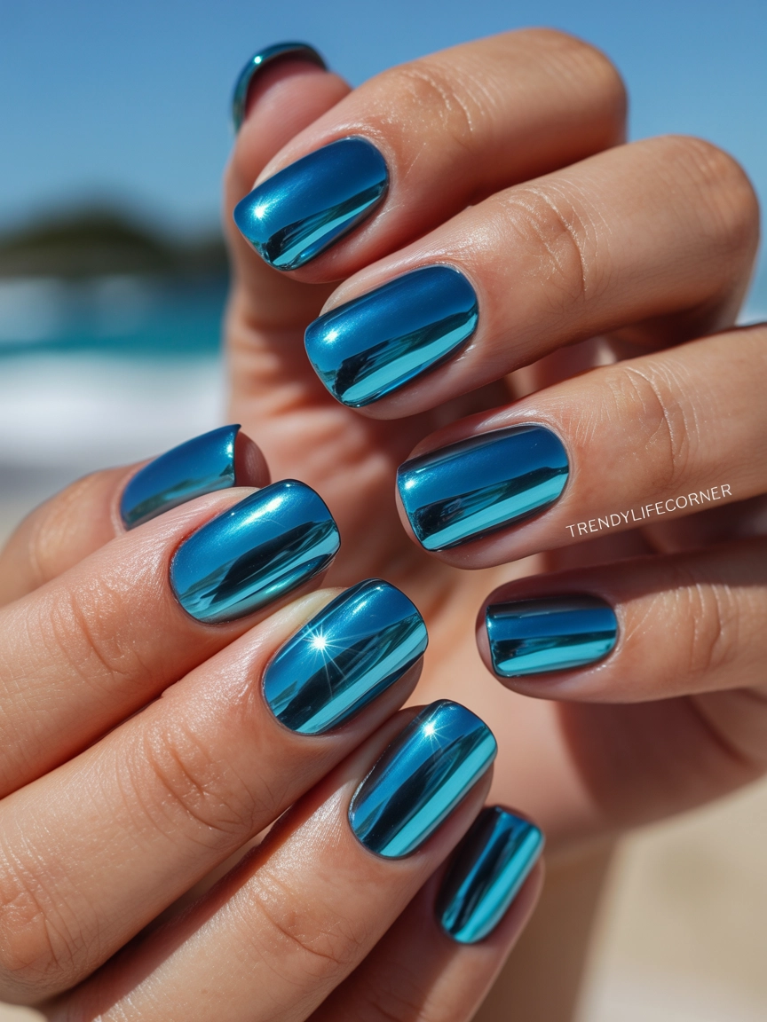 Ocean Blue Chrome Nails