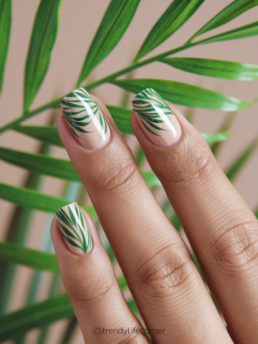 Tropical Green Palm Leaf Nails