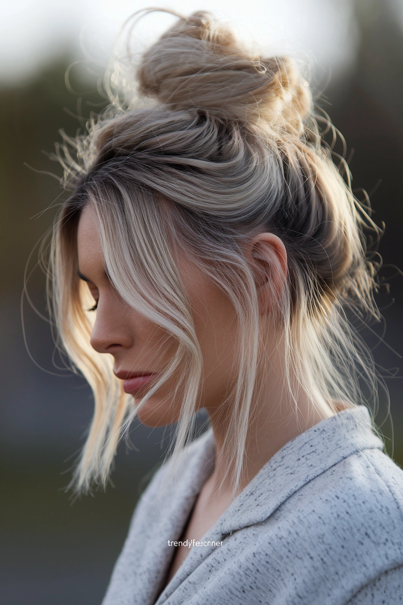 Long Hair with a Messy Bun and Loose Strands