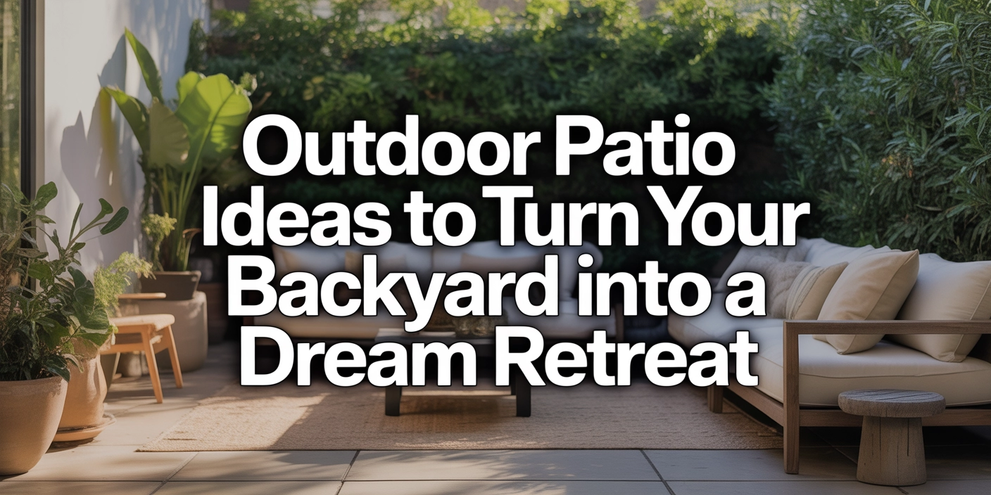 "Modern blog cover image with title '15 Outdoor Patio Ideas to Turn Your Backyard Into a Dream Retreat' as bold text overlay, stylish outdoor patio background with plants and cozy seating, soft natural lighting, minimal aesthetic design, Pinterest-style vertical format"