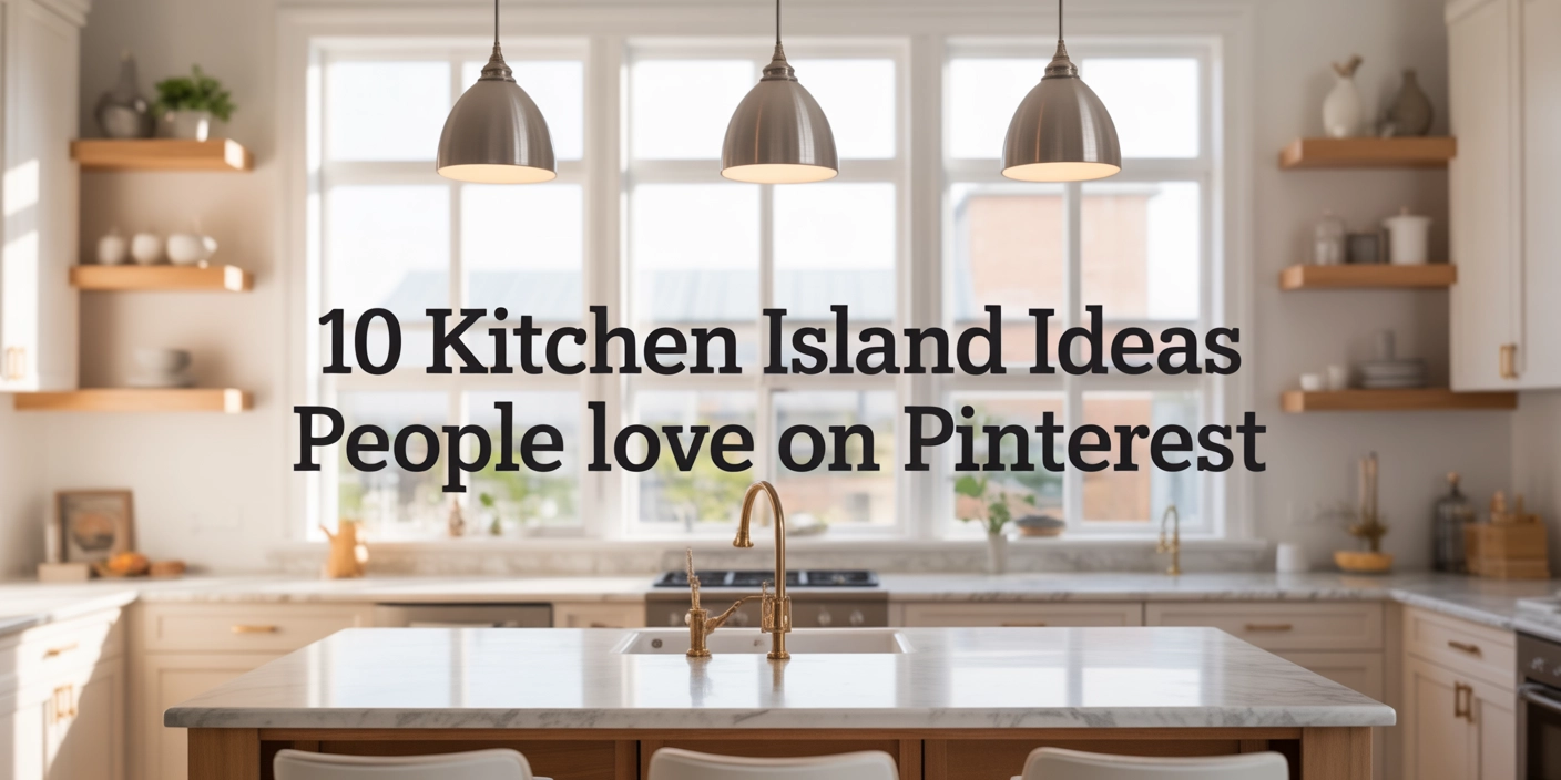 Modern bright kitchen interior with stylish marble kitchen island, pendant lights above island, neutral color palette with warm wood accents, soft natural daylight, balanced composition for blog header, modern interior photography style, text overlay “10 Kitchen Island Ideas People Love on Pinterest”.